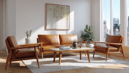Sunny living room with mid-century modern furniture