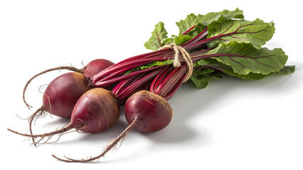 Ultra realistic, high resolution photograph of a bunch of fresh beetroots tied together with stems and leaves, isolated on pure white background, sharp focus, rich color, detailed natural texture