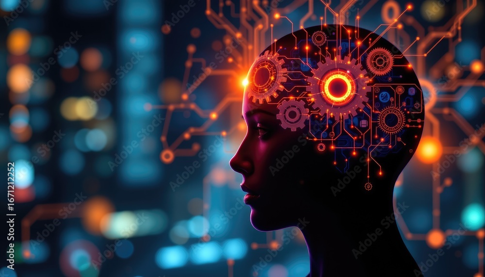 Poster human silhouette with gears and circuit patterns illustrating artificial intelligence and innovation