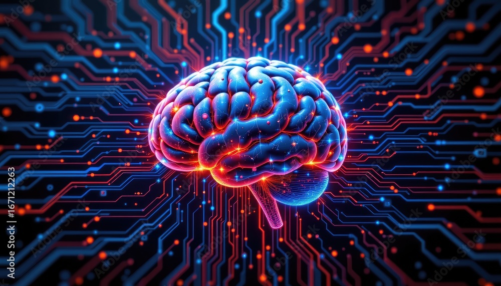 Aufkleber futuristic brain with neon lights and circuit patterns representing artificial intelligence and tech