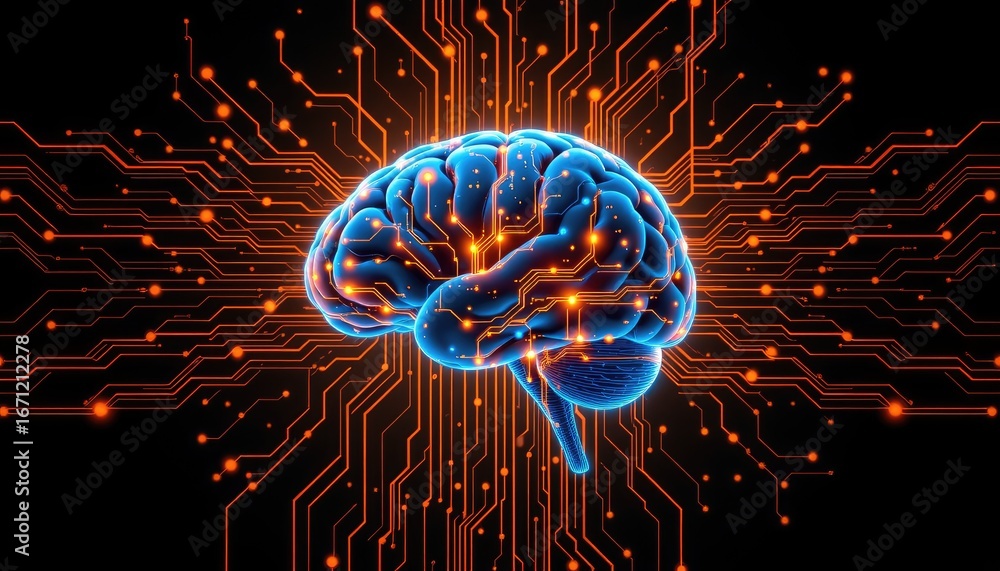 Poster futuristic brain concept with electrical circuits illustrating artificial intelligence and neural ne