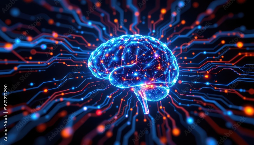 Poster futuristic abstract visualization of a brain surrounded by digital connections and glowing circuits