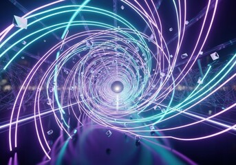 Abstract swirling vortex of neon lights and geometric shapes in a futuristic tunnel