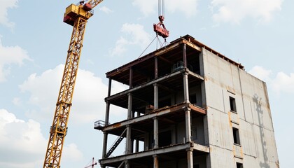 Construction site with crane lifting materials at a building under construction against a blue sky background