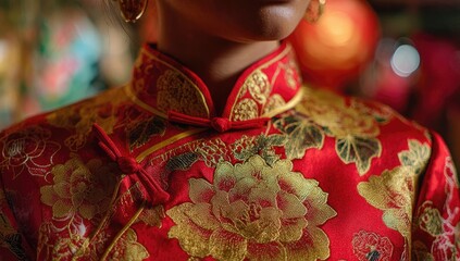 Close-up of a traditional red Chinese dress, featuring gold embroidery and intricate details