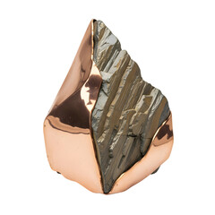 Abstract sculpture with metallic and earthy tones against a dark backdrop