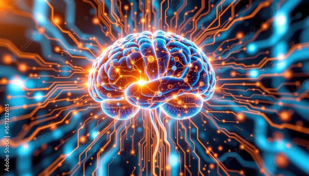 Poster abstract representation of human brain with digital circuits and glowing elements showcasing neural 