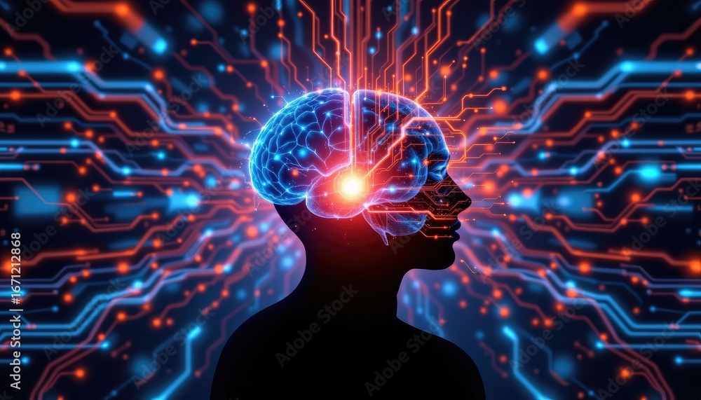 Poster futuristic human brain concept with digital circuit background in abstract technology design