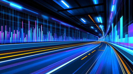 Dynamic data flow visualization through a futuristic tunnel with vibrant lines and glowing elements