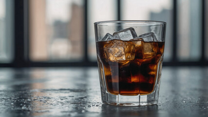 Close-up of cola in a rocks glass with ice cubes. City view background.