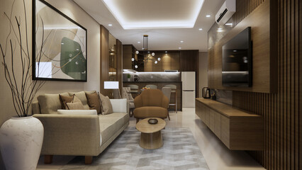 Elegant Modern Living Room Interior with Minimalist Furniture and Warm Lighting