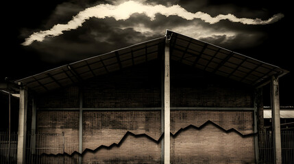 Dramatic warehouse with graphic chart overlay, symbolizing financial downturn, crisis, and economic instability