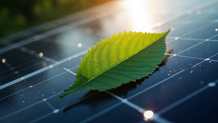 Close-up of a green leaf resting on a solar panel, representing clean energy and sustainability.