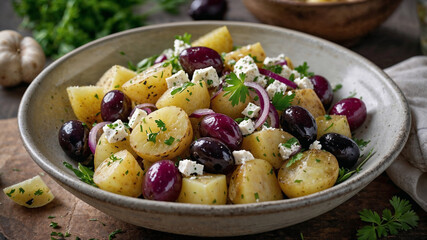 Roasted potato salad with Kalamata olives, feta cheese, red onion, and fresh parsley.  Perfect for a healthy meal.