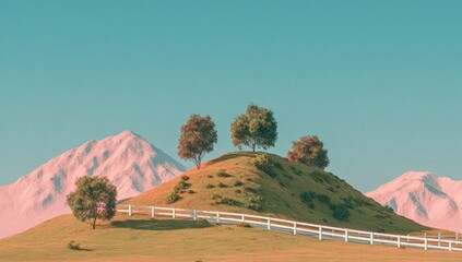 Pastel-toned hilltop with trees and a fence, against a pink-hued mountain backdrop