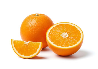 Fresh oranges whole halved and sliced on white background
