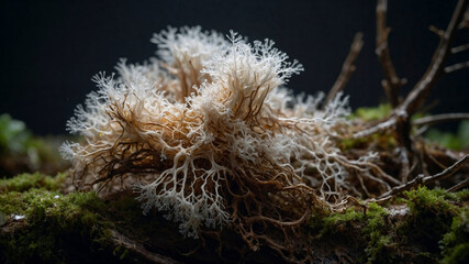 Detailed macro shot of a delicate lichen growing on moss, showcasing intricate textures and details.