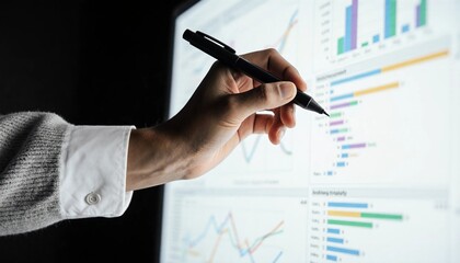 Hand pointing at dynamic business intelligence charts on a large screen – data analysis and strategy.