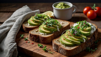 Delicious avocado toast with microgreens, cream cheese, and spices. Perfect for a healthy breakfast or brunch.