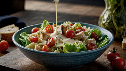 Close-up of a fresh Caesar salad with grilled chicken, cherry tomatoes, croutons, and creamy dressing.