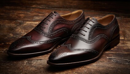 Pair of brown leather brogues on a wooden surface