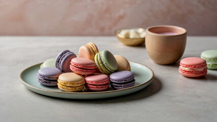 Delicious pastel-colored macarons on a plate, next to a pink drink. Perfect for food blogs or bakery websites.