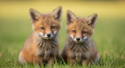 Obraz premium Two Adorable Fox Kits Sitting in Green Grass.