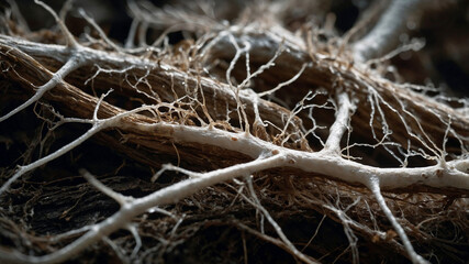 Detailed macro shot of plant roots intertwined with white mycelium.  Perfect for botany, nature, or science backgrounds.