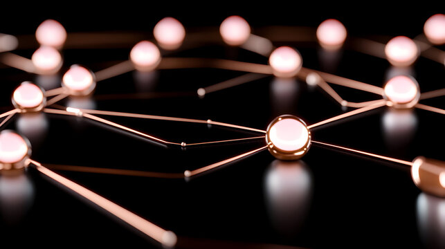 Elegant network of glowing spheres connected by lines on black background, perfect for data visualization and tech concepts