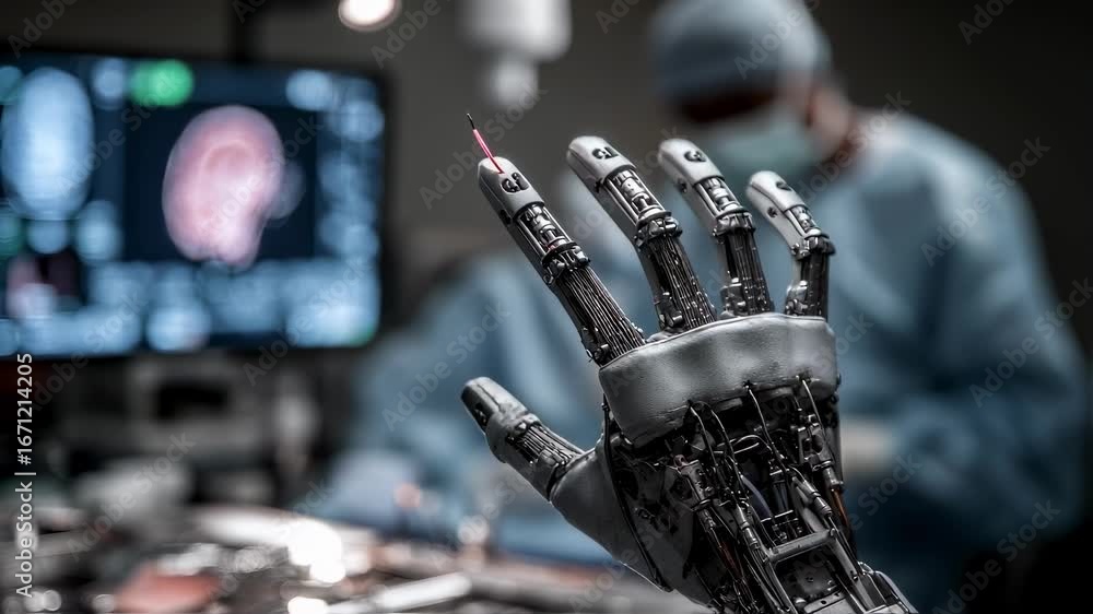 Poster medical learner adjusting advanced robotic surgery controls fingers in sharp focus contrasted with a