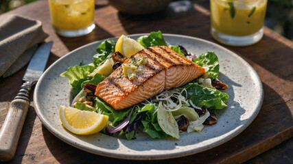 Delicious grilled salmon fillet served on a fresh salad with lemon wedges. Healthy and appetizing meal.
