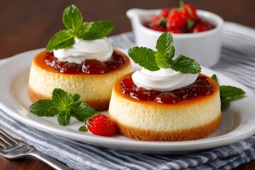 Mini cheesecakes topping with strawberry sauce and whipped cream are waiting on white plate