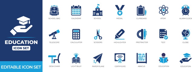 Education icon set. Certificate, Abacus, Education, Medal, and Protractor solid icon collection.
