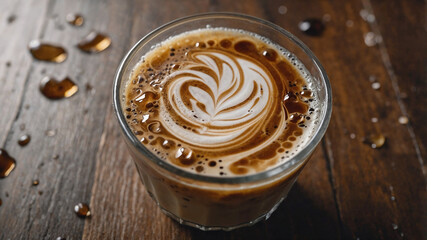 Close-up of a latte with beautiful latte art in a glass on a wooden table. Coffee spills present.