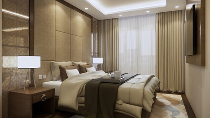 Modern Bedroom Interior with Wooden Furniture and Neutral Color Decoration