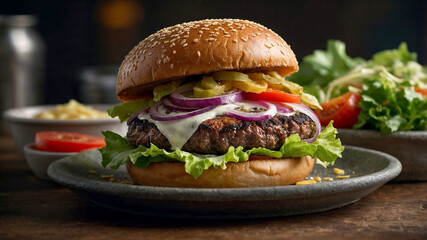 Close-up of a delicious cheeseburger with lettuce, tomato, red onion, and creamy sauce on a sesame bun.