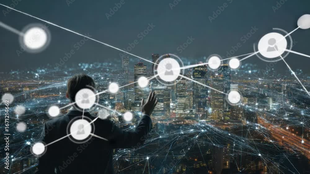 Poster digital networking vision: a futuristic image showcases a man immersed in a world of interconnected 