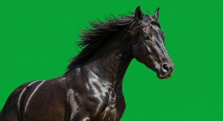 Fototapeta premium Majestic Black Horse Against Green Backdrop, Flowing Mane, Powerful Presence.