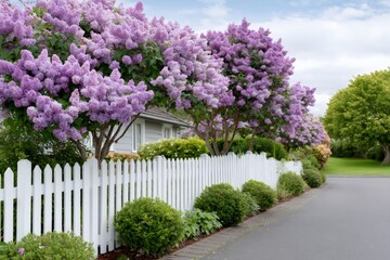 Lilac trees blooming behind white picket fence in springtime