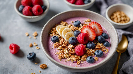 Healthy breakfast smoothie bowl topped with fresh berries, banana, and granola. Perfect for a healthy start!