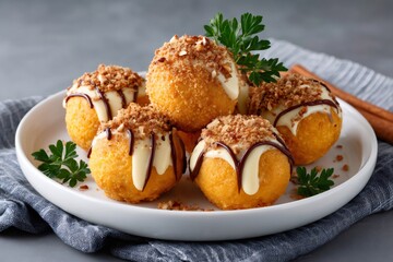 Pumpkin spice cake balls resting on white plate with chocolate and pecan nuts
