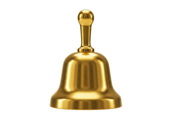 Isolated shiny golden desk bell with round handle on a clear surface, classic reception bell