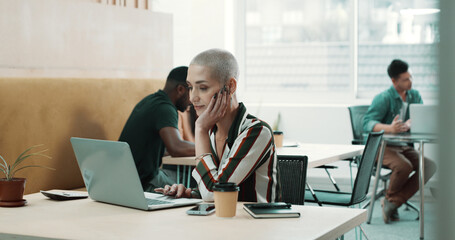 Creative, office and business woman on laptop for online project, research and SEO analytics....