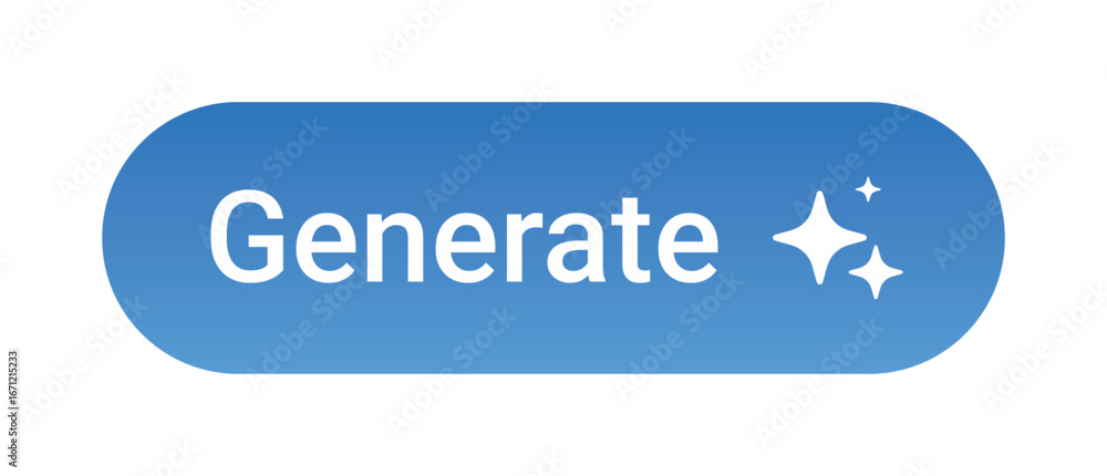 Poster blue glossy gradient button with sparkles icon and bold white generate text, modern vector ui ux com