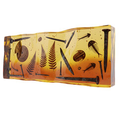 Fossilized ferns and nails embedded in amber resin block display