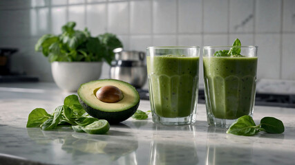 Refreshing green smoothie in glasses, avocado, spinach, basil. Healthy breakfast or snack concept.