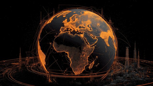 Global network, orange-highlighted Earth, dark background.  Abstract, interconnected, digital