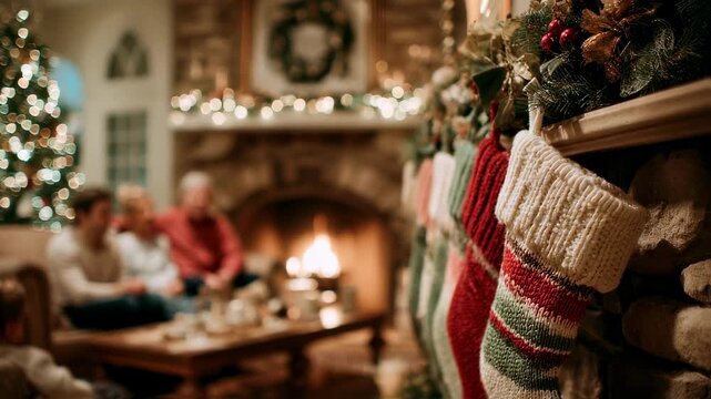 Medium shot of a cozy fireplace mantel with stockings in perfect focus while the family laughing in the background remains pleasantly out of focus capturing intimate holiday