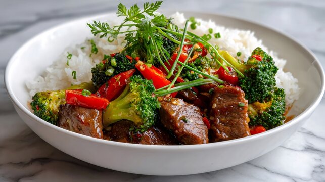 Delicious beef and broccoli stir fry with rice and herbs garnishing a white bowl