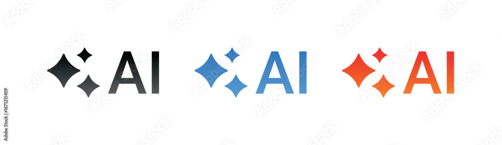 Poster creative ai text vector designs with sparkling star icons in black, blue, orange gradients on transp